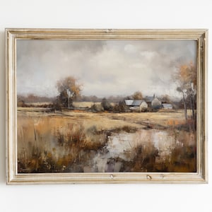 Village Landscape Oil Painting: Scenic Nature Art (Digital Download)