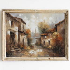Village Oil Painting: Scenic Nature Scene Printable Wall Art (Digital Download)