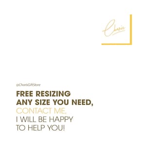 Może przedstawiać: Tekst na białym tle, kt&oacute;ry brzmi "@CharisGiftStore FREE RESIZING ANY SIZE YOU NEED, CONTACT ME, I WILL BE HAPPY TO HELP YOU!" ze złotym podpisem, kt&oacute;ry brzmi "Charis" w prawym g&oacute;rnym rogu.