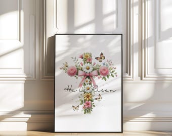 Floral Cross Easter Print: He Is Risen, Christian Home Decor (Digital Download)