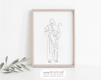 May include: Line art print of Jesus holding a lamb in his arms. He is wearing a robe and carrying a shepherd's staff. The print is in black and white and is framed in a light wood frame.