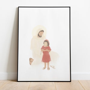 K&ouml;nnte beinhalten: Ein Aquarellbild von einem Mann und einem Kind. Der Mann tr&auml;gt eine wei&szlig;e Robe und hat einen Heiligenschein. Das Kind tr&auml;gt ein rotes Kleid und h&auml;lt ein kleines wei&szlig;es Objekt. Der Hintergrund ist hellbeige.