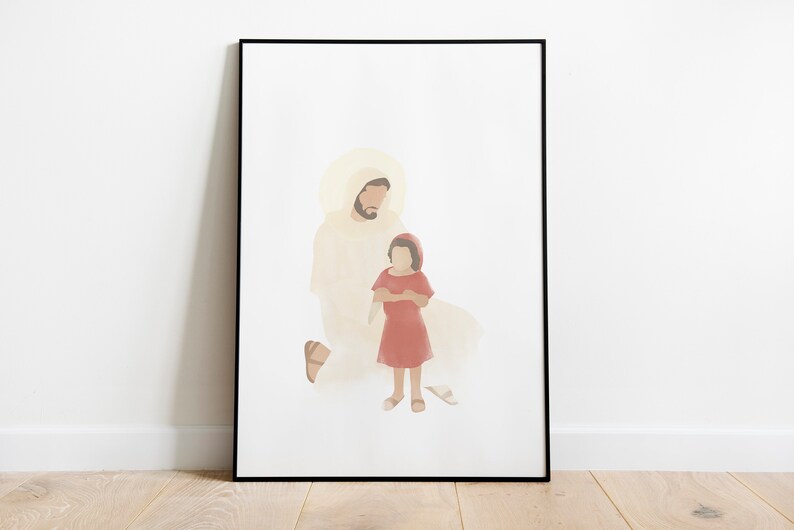 K&ouml;nnte beinhalten: Ein Aquarellbild von einem Mann und einem Kind. Der Mann tr&auml;gt eine wei&szlig;e Robe und hat einen Heiligenschein. Das Kind tr&auml;gt ein rotes Kleid und h&auml;lt ein kleines wei&szlig;es Objekt. Der Hintergrund ist hellbeige.