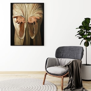 May include: A painting of a person with outstretched hands, wearing a white robe. The background is dark.