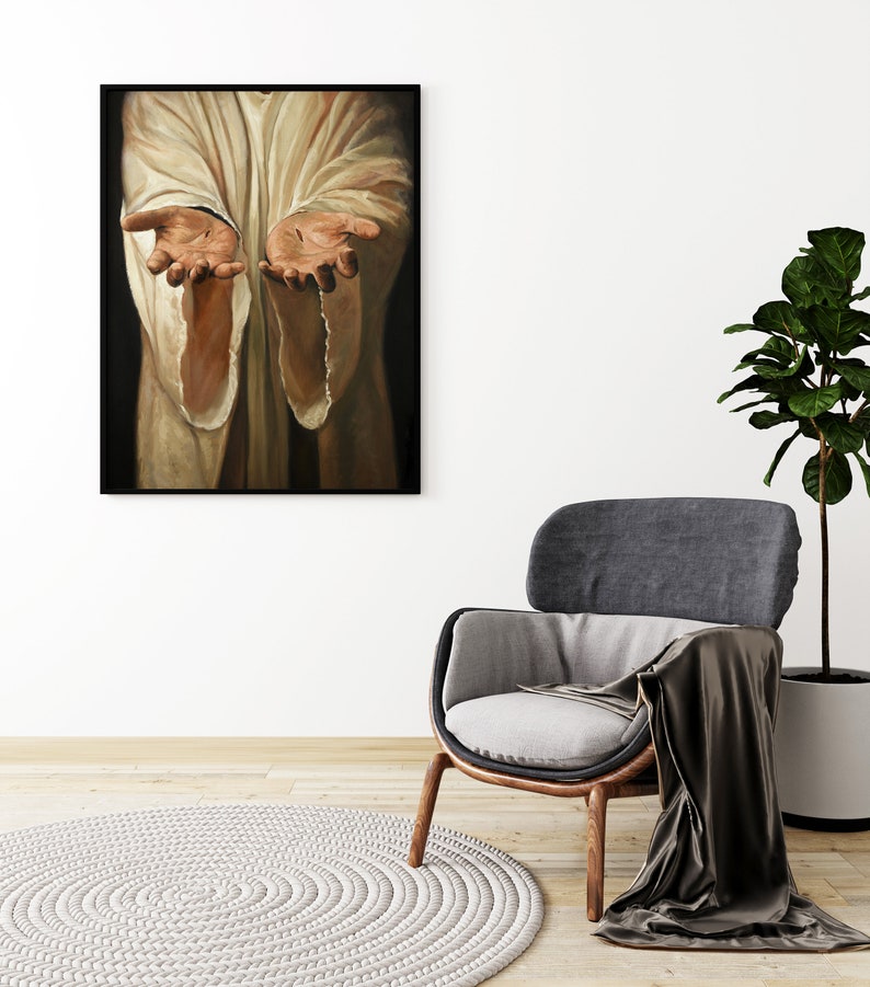 May include: A painting of a person with outstretched hands, wearing a white robe. The background is dark.