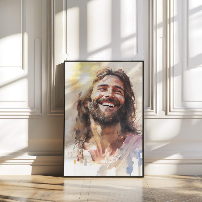 May include: A watercolor painting of a man with long brown hair and a beard, smiling with his eyes closed. He is wearing a light brown robe and the background is a soft yellow.