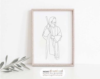 May include: Line art drawing of a person with a staff, in a simple black and white style. The drawing is framed and ready to hang.