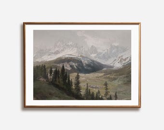 Vintage Alps Painting: Rustic Mountain Landscape Art (Digital Download)