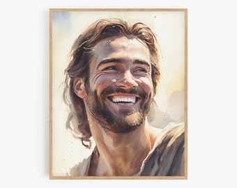 Retrato de Cristo Riendo: Jesús Alegre en Acuarela (Descarga Digital)