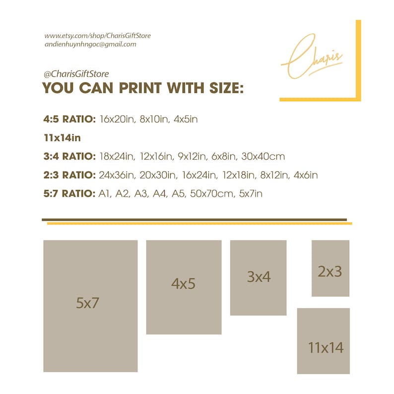 Peut inclure: Un tableau montrant diff&eacute;rentes tailles d'impression pour les &oelig;uvres d'art, notamment 11x14 pouces, 5x7 pouces, 4x5 pouces, 3x4 pouces et 2x3 pouces. Le tableau comprend &eacute;galement des formats de papier standard comme A1, A2, A3, A4 et A5.