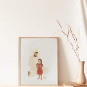 K&ouml;nnte beinhalten: Ein gerahmtes Aquarellbild von einem Mann und einem jungen M&auml;dchen. Der Mann tr&auml;gt eine wei&szlig;e Robe und das M&auml;dchen ein rotes Kleid. Das Bild ist vor einem wei&szlig;en Hintergrund gemalt.