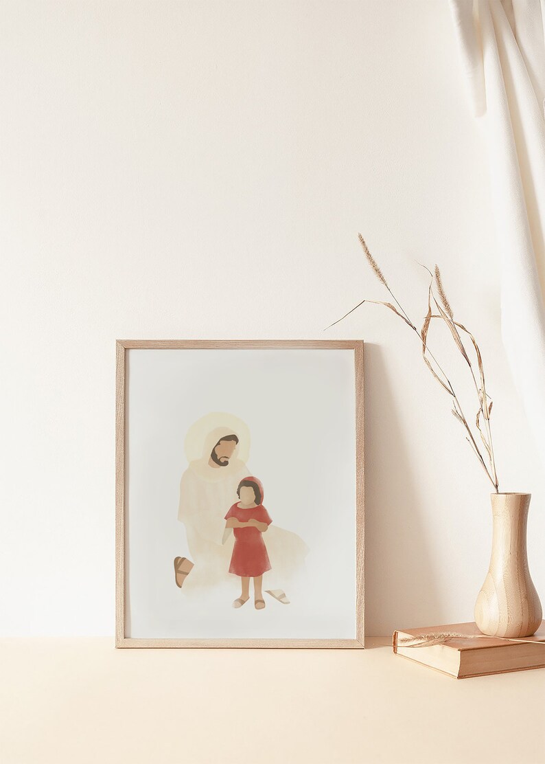 K&ouml;nnte beinhalten: Ein gerahmtes Aquarellbild von einem Mann und einem jungen M&auml;dchen. Der Mann tr&auml;gt eine wei&szlig;e Robe und das M&auml;dchen ein rotes Kleid. Das Bild ist vor einem wei&szlig;en Hintergrund gemalt.