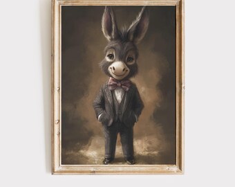 Print van ezel in pak: grillige boerderijdieren muurkunst (direct downloaden)