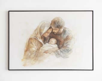 May include: A watercolor painting of a family with a mother, father, and baby. The mother and father are looking down at the baby, who is wrapped in a white blanket. The painting is done in soft, muted tones of brown and white.