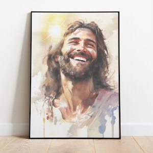 May include: A watercolor painting of a man with long brown hair and a beard, smiling brightly. The background is a light blue and yellow watercolor wash, with a sun shining behind the man.