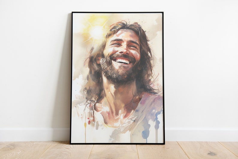 May include: A watercolor painting of a man with long brown hair and a beard, smiling brightly. The background is a light blue and yellow watercolor wash, with a sun shining behind the man.
