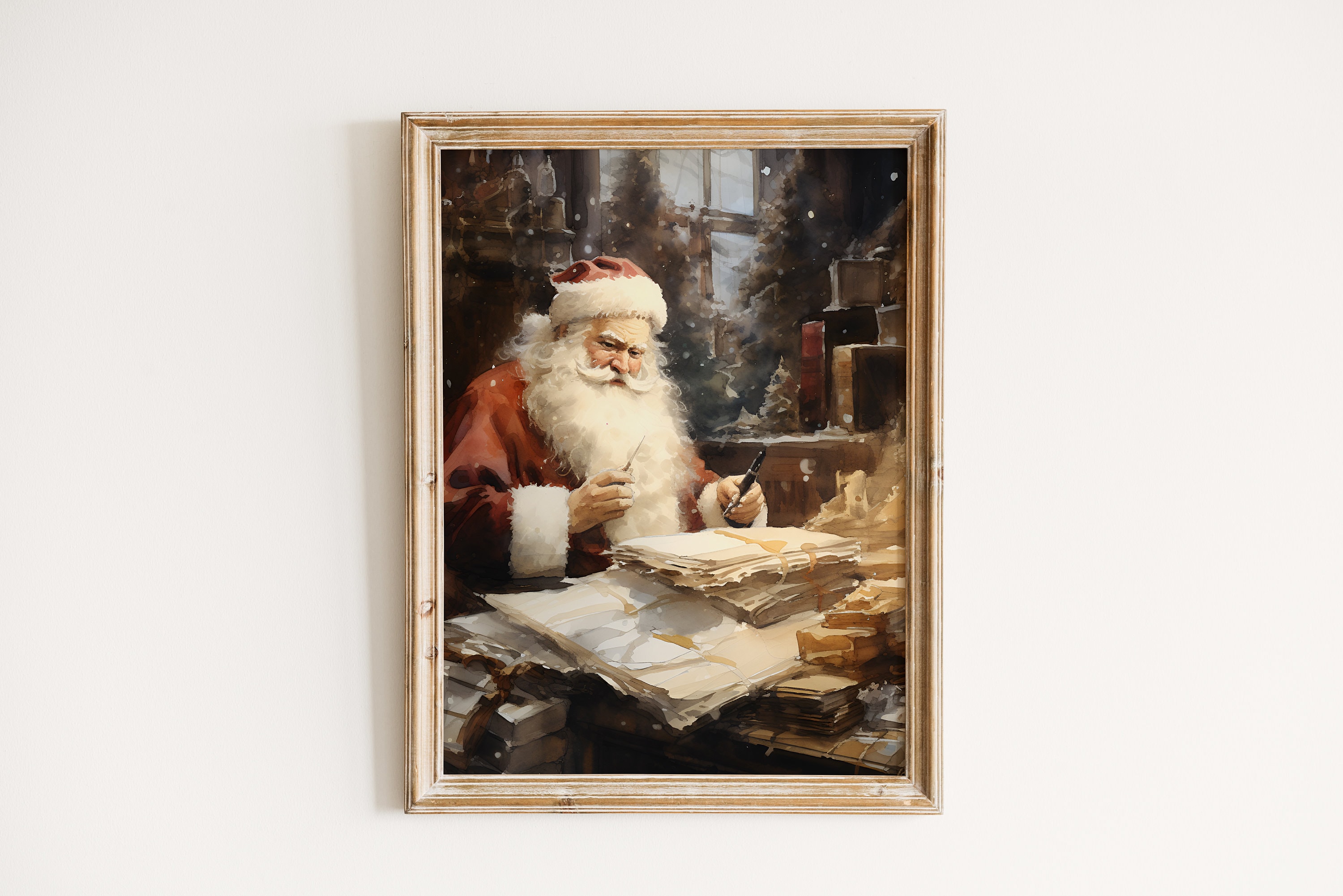 Santa's Reindeer Companionship, Vintage Christmas, Wall Art Printable, Christmas Oil Painting