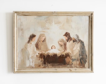 May include: A painting depicting the nativity scene with a star above the manger. The figures are painted in muted tones of brown and white, with a soft, painterly style.