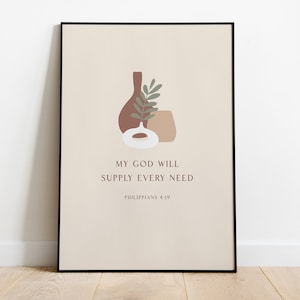 Mijn God zal in elke behoefte voorzien, Filippenzen 4:19, minimale christelijke kunst, christelijke kunst aan de muur, minimalistisch christelijk decor, vers afdrukbaar