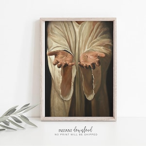 May include: A painting of a person's hands reaching out, with a light brown background. The hands are open and the palms are facing the viewer. The person is wearing a white robe.