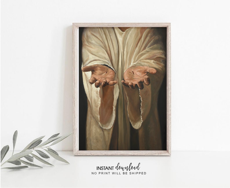 May include: A painting of a person's hands reaching out, with a light brown background. The hands are open and the palms are facing the viewer. The person is wearing a white robe.