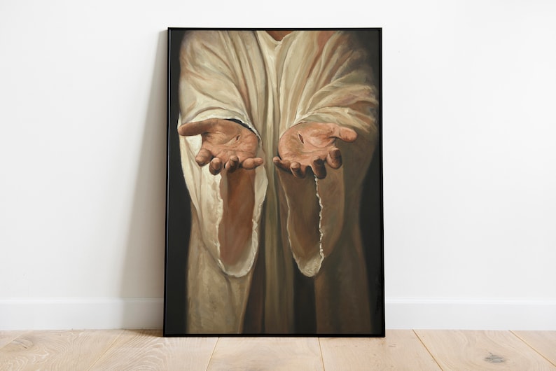 May include: A painting of a person's hands outstretched, with the palms facing forward. The hands are painted in a realistic style, with visible details like wrinkles and lines. The person is wearing a long, flowing robe, which is painted in a light brown color. The background of the painting is a dark brown color.