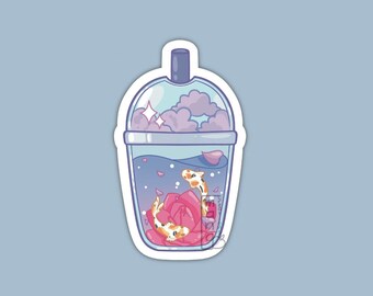 Adesivo de vinil Koi Fish Bubble Tea - Efeito holográfico de vidro quebrado