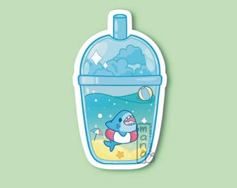 Pegatina de vinilo de Shark Bubble Tea - Efecto holográfico de vidrio roto