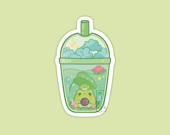 Kikker bubble tea sticker - Holografisch gebroken glaseffect