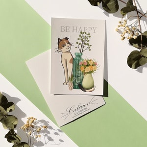 Carte postale Chat et fleurs "Be Happy" | Carte postale | Illustration chat | Papeterie | Cadeau parfait pour les amoureux des chats