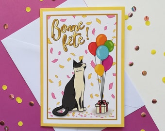 Carte de bonne fête chat et ballons | A6 | Carte de voeux | Illustration chat | Papeterie | Cadeau parfait pour les amoureux des chats
