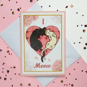 Carte "I love meow" chats amoureux | A6 | Carte de voeux | Illustration chat | Papeterie | Cadeau parfait pour les amoureux des chats