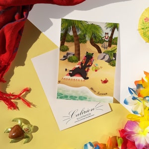 Carte postale Chats d'été en vacance  | Carte postale | Illustration chat | Papeterie | Cadeau parfait pour les amoureux des chats