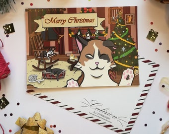 “Merry Christmas” Cat Postcard | Christmas | Postcard | Cat illustration | Stationery | Perfect gift for cat lovers