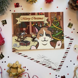 Carte Postale Chat "Merry Christmas" | Noël | Carte postale | Illustration chat | Papeterie | Cadeau parfait pour les amoureux des chats