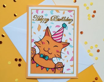 Carte anniversaire chat "Happy Birthday" | A6 | Carte de voeux | Illustration chat | Papeterie | Cadeau parfait pour les amoureux des chats