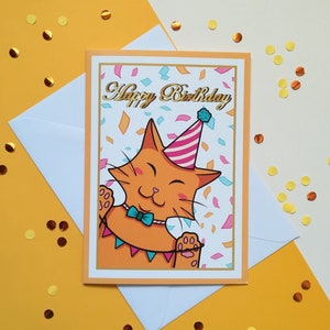 Carte anniversaire chat "Happy Birthday" | A6 | Carte de voeux | Illustration chat | Papeterie | Cadeau parfait pour les amoureux des chats