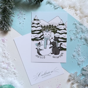 Carte postale  Chats hiver | Carte postale | Illustration chat | Papeterie | Cadeau parfait pour les amoureux des chats