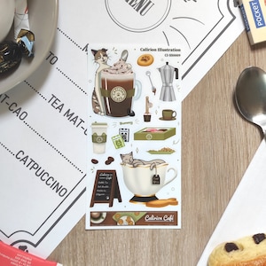 Sticker Sheet Chats Café | 15 Stickers | Vinyle brillant | Stickers bujo | scrapbooking | Planners | Cadeau pour les amoureux des chats
