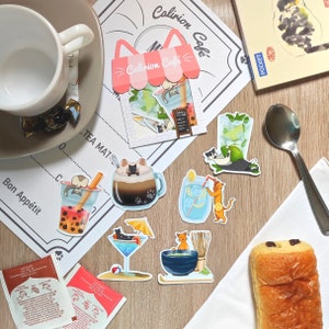Pack 6 Stickers Chats boissons | Café | Vinyle brillant | Stickers bujo | scrapbooking | Planners | Cadeau pour les amoureux des chats