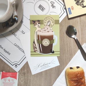Carte postale Calirion Café | Carte postale | Illustration chat | Papeterie | Cadeau parfait pour les amoureux des chats