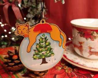 Synthetic wood Christmas decoration "Cat and Christmas ball"