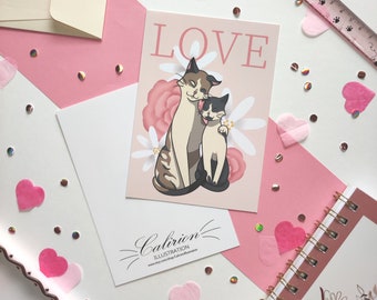 Carte postale Chats et fleurs "Love"  | Carte postale | Illustration chat | Papeterie | Cadeau parfait pour les amoureux des chats