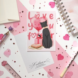 Carte postale Chat St Valentin Love You Forever | Carte postale | Illustration chat | Papeterie | Cadeau parfait pour les amoureux des chats