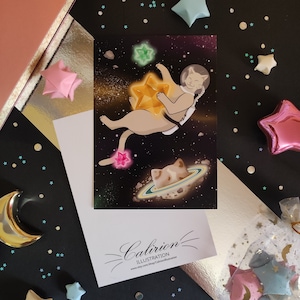 Carte postale Chat astronaute | Carte postale | Illustration chat | Papeterie | Cadeau parfait pour les amoureux des chats