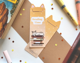 Marque-page Chat et livre | Fait à la main | Plastifier | Cat Bookmark | Marque page mignon | Cadeau amoureux des chats | Book lovers |