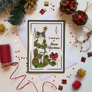 Carte "Chat de Noël" | Foil | A6 | Carte de vœux | Illustration chat | Papeterie | Cadeau parfait pour les amoureux des chats