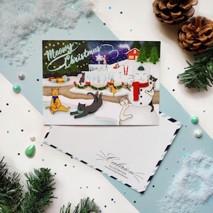 Carte postale Chats "Jardin de Noël" | Carte postale | Christmas | Illustration chat | Papeterie |Cadeau parfait pour les amoureux des chats