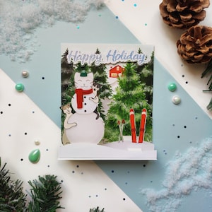 Carte postale POP UP Chats et bonhomme de neige | Carte postale | Illustration chat | Papeterie | Cadeau parfait pour les amoureux des chats