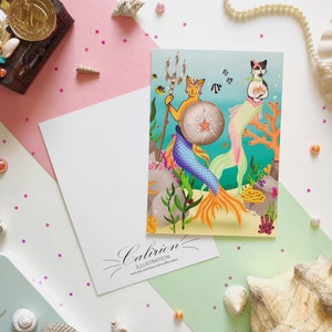 Carte postale Chats sirènes | Carte postale | Illustration chat | Papeterie | Cadeau parfait pour les amoureux des chats